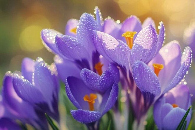 Pétales de crocus violets avec rosée du matin