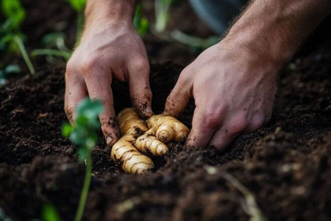 Plantation de rhizomes de gingembre dans un jardin