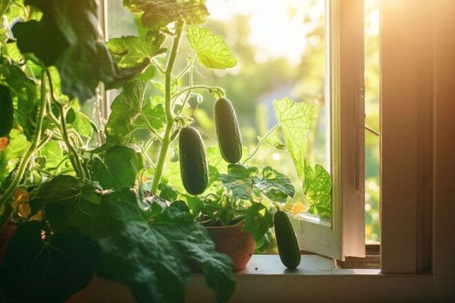 Plantes de concombre luxuriantes en lumière du soleil