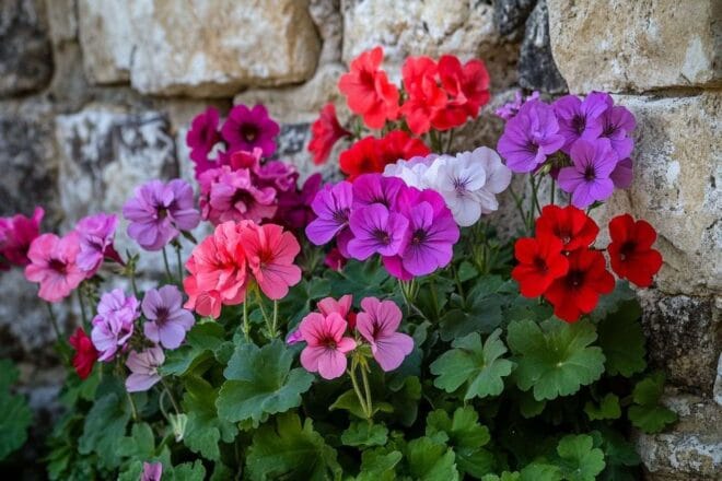 Vivacité des géraniums contre un mur séculaire