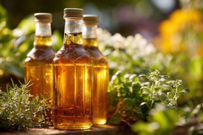 Bouteilles de vinaigre de cidre parmi des herbes fraîches