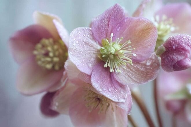 Gros plan de fleurs d hellébore sous la rosée matinale