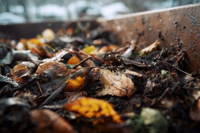 Gros plan sur des matériaux organiques superposés dans un bac à compost d hiver