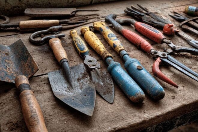 Outils de jardinage assortis sur établi en bois